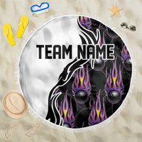 Custom Bowling Team Graphic Beach Blanket with Flaming Ball Design in Black White and Purple Flame Pattern - Wonder Print Shop