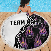 Custom Bowling Team Graphic Beach Blanket with Flaming Ball Design in Black White and Purple Flame Pattern - Wonder Print Shop