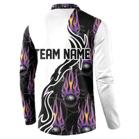 Custom Bowling Team Graphic Button Sweatshirt with Flaming Ball Design in Black White and Purple Flame Pattern - Wonder Print Shop
