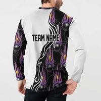 Custom Bowling Team Graphic Button Sweatshirt with Flaming Ball Design in Black White and Purple Flame Pattern - Wonder Print Shop