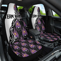 Custom Bowling Team Graphic Car Seat Cover with Flaming Ball Design in Black White and Purple Flame Pattern - Wonder Print Shop