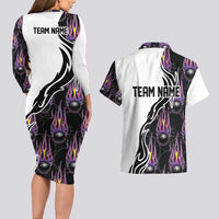 Custom Bowling Team Graphic Couples Matching Long Sleeve Bodycon Dress and Hawaiian Shirt with Flaming Ball Design in Black White and Purple Flame Pattern - Wonder Print Shop
