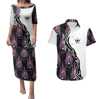 Custom Bowling Team Graphic Couples Matching Puletasi and Hawaiian Shirt with Flaming Ball Design in Black White and Purple Flame Pattern - Wonder Print Shop