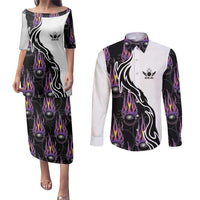 Custom Bowling Team Graphic Couples Matching Puletasi and Long Sleeve Button Shirt with Flaming Ball Design in Black White and Purple Flame Pattern - Wonder Print Shop