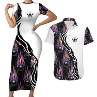 Custom Bowling Team Graphic Couples Matching Short Sleeve Bodycon Dress and Hawaiian Shirt with Flaming Ball Design in Black White and Purple Flame Pattern - Wonder Print Shop