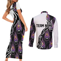 Custom Bowling Team Graphic Couples Matching Short Sleeve Bodycon Dress and Long Sleeve Button Shirt with Flaming Ball Design in Black White and Purple Flame Pattern - Wonder Print Shop