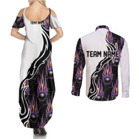 Custom Bowling Team Graphic Couples Matching Summer Maxi Dress and Long Sleeve Button Shirt with Flaming Ball Design in Black White and Purple Flame Pattern - Wonder Print Shop
