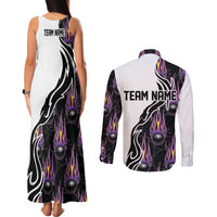 Custom Bowling Team Graphic Couples Matching Tank Maxi Dress and Long Sleeve Button Shirt with Flaming Ball Design in Black White and Purple Flame Pattern - Wonder Print Shop