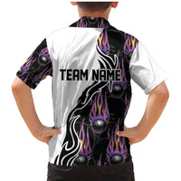Custom Bowling Team Graphic Family Matching Mermaid Dress and Hawaiian Shirt with Flaming Ball Design in Black White and Purple Flame Pattern - Wonder Print Shop