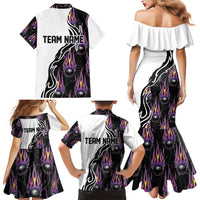Custom Bowling Team Graphic Family Matching Mermaid Dress and Hawaiian Shirt with Flaming Ball Design in Black White and Purple Flame Pattern - Wonder Print Shop