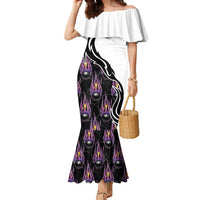Custom Bowling Team Graphic Family Matching Mermaid Dress and Hawaiian Shirt with Flaming Ball Design in Black White and Purple Flame Pattern - Wonder Print Shop
