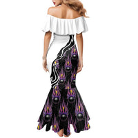 Custom Bowling Team Graphic Family Matching Mermaid Dress and Hawaiian Shirt with Flaming Ball Design in Black White and Purple Flame Pattern - Wonder Print Shop