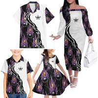Custom Bowling Team Graphic Family Matching Off The Shoulder Long Sleeve Dress and Hawaiian Shirt with Flaming Ball Design in Black White and Purple Flame Pattern - Wonder Print Shop