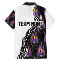 Custom Bowling Team Graphic Family Matching Off The Shoulder Long Sleeve Dress and Hawaiian Shirt with Flaming Ball Design in Black White and Purple Flame Pattern - Wonder Print Shop
