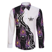 Custom Bowling Team Graphic Family Matching Off The Shoulder Long Sleeve Dress and Hawaiian Shirt with Flaming Ball Design in Black White and Purple Flame Pattern - Wonder Print Shop