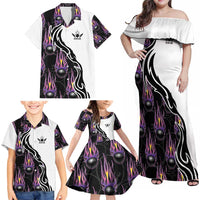 Custom Bowling Team Graphic Family Matching Off Shoulder Maxi Dress and Hawaiian Shirt with Flaming Ball Design in Black White and Purple Flame Pattern - Wonder Print Shop