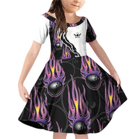 Custom Bowling Team Graphic Family Matching Off Shoulder Short Dress and Hawaiian Shirt with Flaming Ball Design in Black White and Purple Flame Pattern - Wonder Print Shop