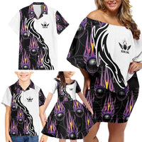 Custom Bowling Team Graphic Family Matching Off Shoulder Short Dress and Hawaiian Shirt with Flaming Ball Design in Black White and Purple Flame Pattern - Wonder Print Shop