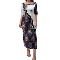 Custom Bowling Team Graphic Family Matching Puletasi and Hawaiian Shirt with Flaming Ball Design in Black White and Purple Flame Pattern - Wonder Print Shop