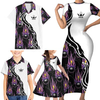 Custom Bowling Team Graphic Family Matching Short Sleeve Bodycon Dress and Hawaiian Shirt with Flaming Ball Design in Black White and Purple Flame Pattern - Wonder Print Shop
