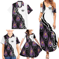 Custom Bowling Team Graphic Family Matching Summer Maxi Dress and Hawaiian Shirt with Flaming Ball Design in Black White and Purple Flame Pattern - Wonder Print Shop