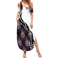 Custom Bowling Team Graphic Family Matching Summer Maxi Dress and Hawaiian Shirt with Flaming Ball Design in Black White and Purple Flame Pattern - Wonder Print Shop