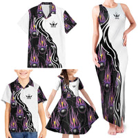 Custom Bowling Team Graphic Family Matching Tank Maxi Dress and Hawaiian Shirt with Flaming Ball Design in Black White and Purple Flame Pattern - Wonder Print Shop
