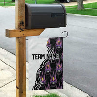 Custom Bowling Team Graphic Garden Flag with Flaming Ball Design in Black White and Purple Flame Pattern - Wonder Print Shop