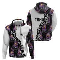 Custom Bowling Team Graphic Hoodie with Flaming Ball Design in Black White and Purple Flame Pattern - Wonder Print Shop