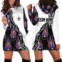 Custom Bowling Team Graphic Hoodie Dress with Flaming Ball Design in Black White and Purple Flame Pattern - Wonder Print Shop