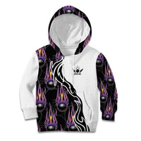 Custom Bowling Team Graphic Kid Hoodie with Flaming Ball Design in Black White and Purple Flame Pattern - Wonder Print Shop