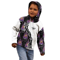 Custom Bowling Team Graphic Kid Hoodie with Flaming Ball Design in Black White and Purple Flame Pattern - Wonder Print Shop
