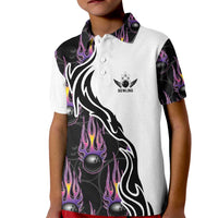 Custom Bowling Team Graphic Kid Polo Shirt with Flaming Ball Design in Black White and Purple Flame Pattern - Wonder Print Shop