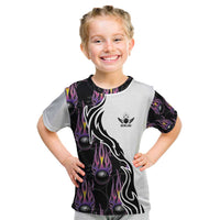 Custom Bowling Team Graphic Kid T Shirt with Flaming Ball Design in Black White and Purple Flame Pattern - Wonder Print Shop