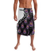 Custom Bowling Team Graphic Lavalava with Flaming Ball Design in Black White and Purple Flame Pattern - Wonder Print Shop