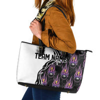 Custom Bowling Team Graphic Leather Tote Bag with Flaming Ball Design in Black White and Purple Flame Pattern - Wonder Print Shop