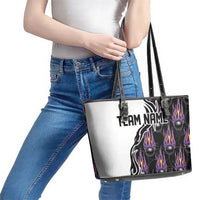 Custom Bowling Team Graphic Leather Tote Bag with Flaming Ball Design in Black White and Purple Flame Pattern - Wonder Print Shop