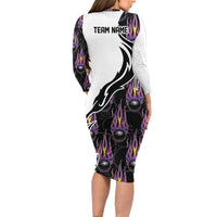 Custom Bowling Team Graphic Long Sleeve Bodycon Dress with Flaming Ball Design in Black White and Purple Flame Pattern - Wonder Print Shop