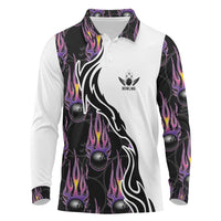 Custom Bowling Team Graphic Long Sleeve Polo Shirt with Flaming Ball Design in Black White and Purple Flame Pattern - Wonder Print Shop