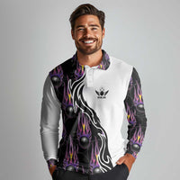 Custom Bowling Team Graphic Long Sleeve Polo Shirt with Flaming Ball Design in Black White and Purple Flame Pattern - Wonder Print Shop