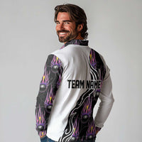 Custom Bowling Team Graphic Long Sleeve Polo Shirt with Flaming Ball Design in Black White and Purple Flame Pattern - Wonder Print Shop