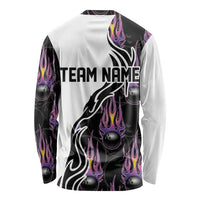 Custom Bowling Team Graphic Long Sleeve Shirt with Flaming Ball Design in Black White and Purple Flame Pattern - Wonder Print Shop