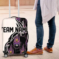 Custom Bowling Team Graphic Luggage Cover with Flaming Ball Design in Black White and Purple Flame Pattern - Wonder Print Shop