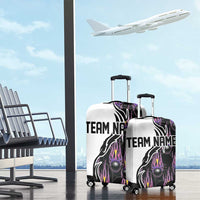 Custom Bowling Team Graphic Luggage Cover with Flaming Ball Design in Black White and Purple Flame Pattern - Wonder Print Shop