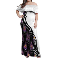 Custom Bowling Team Graphic Off Shoulder Maxi Dress with Flaming Ball Design in Black White and Purple Flame Pattern - Wonder Print Shop