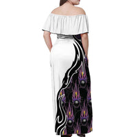 Custom Bowling Team Graphic Off Shoulder Maxi Dress with Flaming Ball Design in Black White and Purple Flame Pattern - Wonder Print Shop