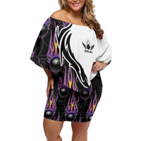 Custom Bowling Team Graphic Off Shoulder Short Dress with Flaming Ball Design in Black White and Purple Flame Pattern - Wonder Print Shop