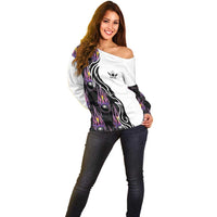 Custom Bowling Team Graphic Off Shoulder Sweater with Flaming Ball Design in Black White and Purple Flame Pattern - Wonder Print Shop