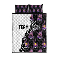 Custom Bowling Team Graphic Quilt Bed Set with Flaming Ball Design in Black White and Purple Flame Pattern - Wonder Print Shop