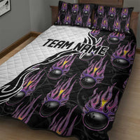 Custom Bowling Team Graphic Quilt Bed Set with Flaming Ball Design in Black White and Purple Flame Pattern - Wonder Print Shop